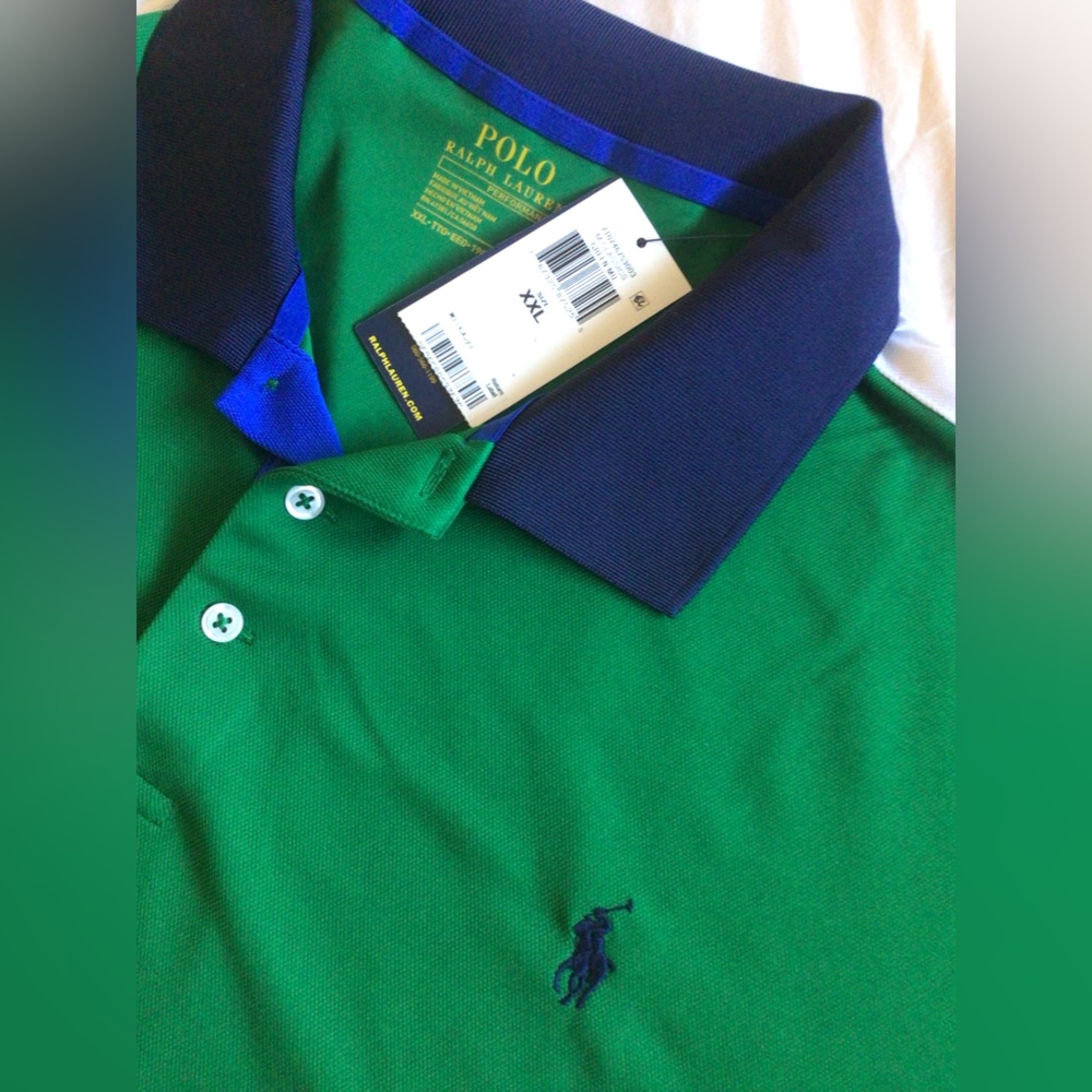 Polo by Ralph Lauren Performance Polo Shirt in Green with Navy Collar
